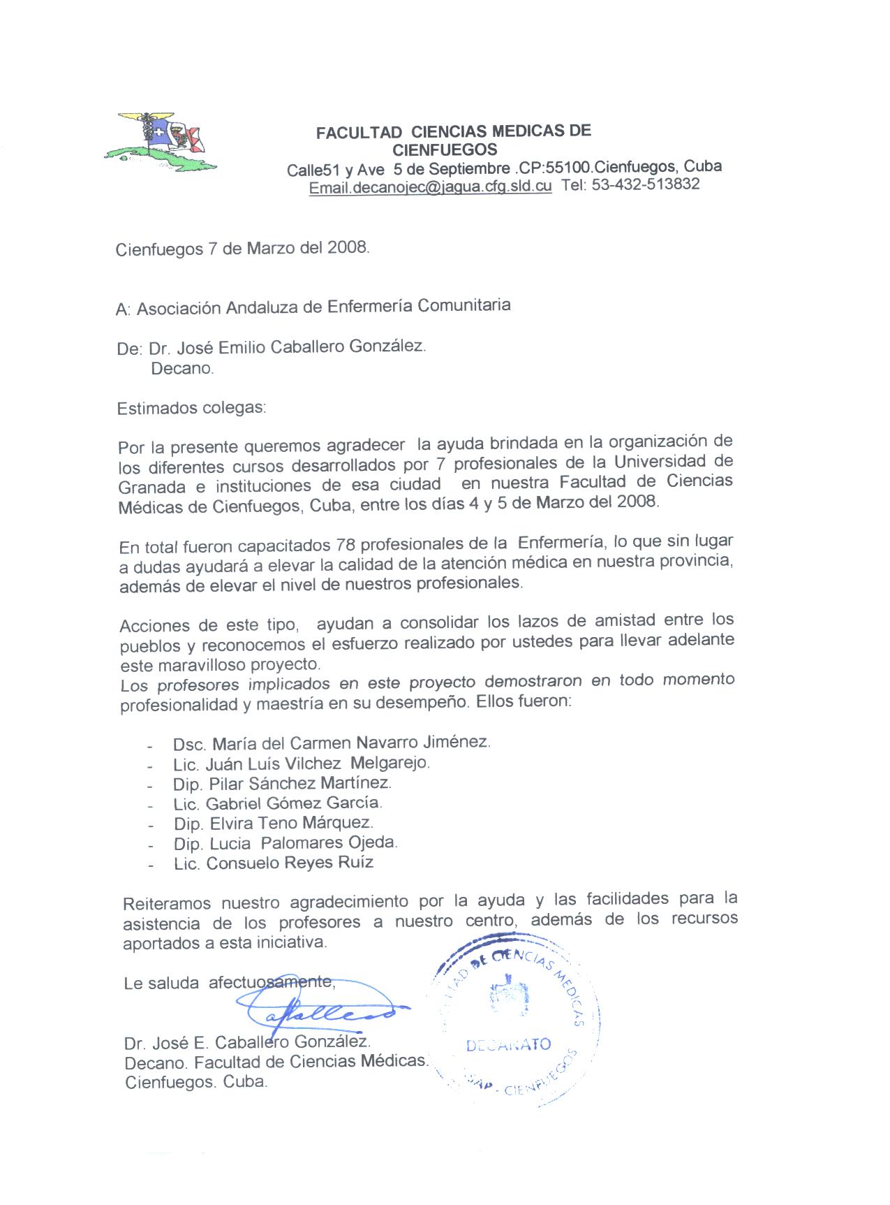 Carta reconocimiento rector universidad Cienfuegos cuba